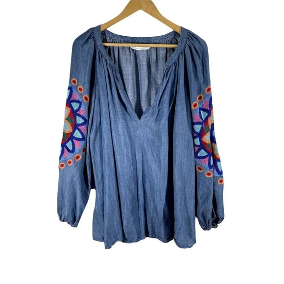 Zara Tops - Zara Chambray Embroidered Sleeve Blouse Size S Deep V Neck Long Sleeve
